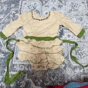 Girls Cream and Green Ruffle Dress with Embroidered Neckline